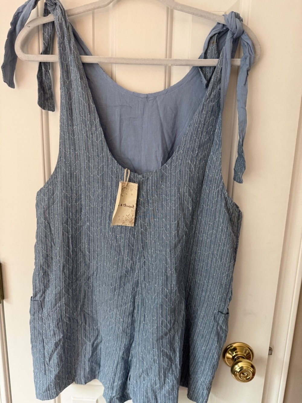 Light Blue Tie-Shoulder Linen Blend Women's Romper - Picture 2 of 6